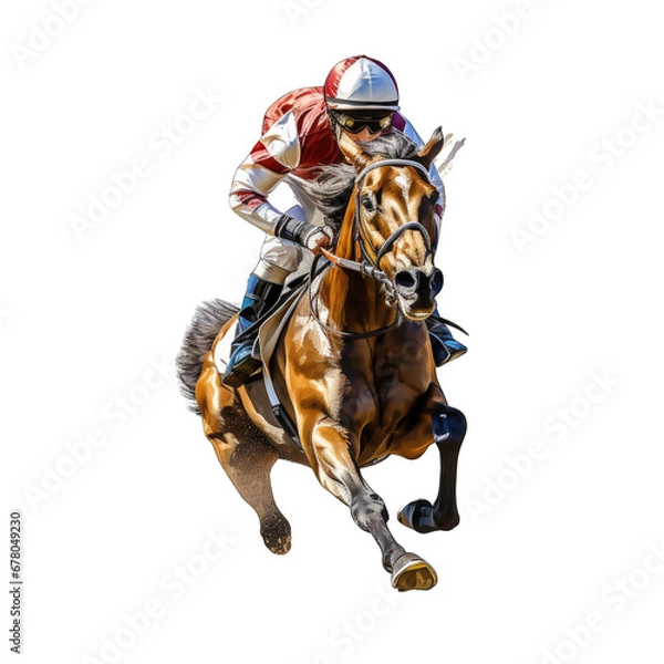 Fototapeta Jockey on Running Horse Isolated on Transparent or White Background, PNG