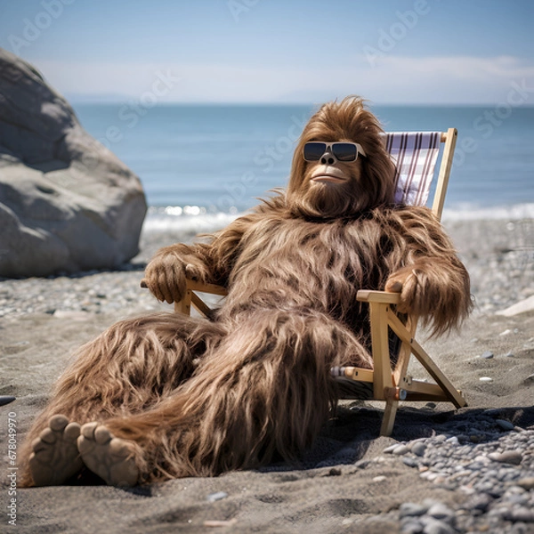 Fototapeta Sasquatch laying in a chair on the beach while wearing sunglasses. Generative ai. 