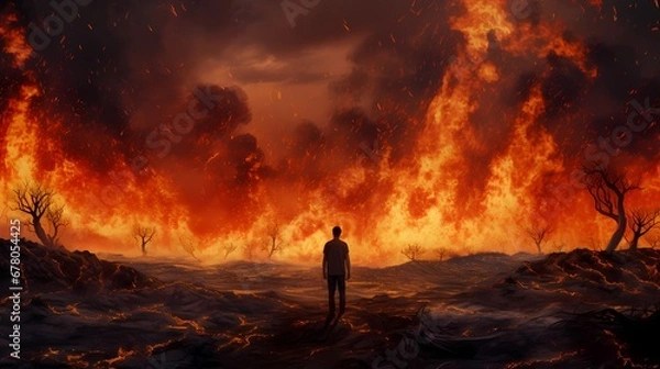 Fototapeta A man stands before a massive wildfire in a burnt field with dead trees under a smoky sky.