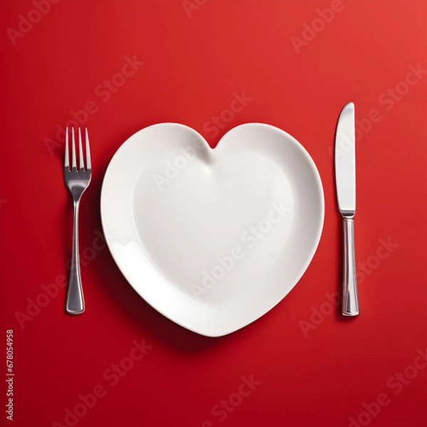 Fototapeta Heart shaped plate with fork and knife. Generative ai. 