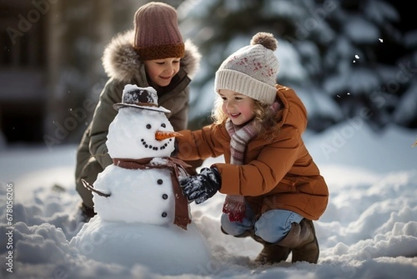 Obraz Kids joyfully build a snowman, creating winter memories and enjoying playful bonding in the snowy wonderland. 'generative AI' 