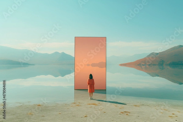 Fototapeta A woman standing in front of a mirror on a beach created with Generative AI technology