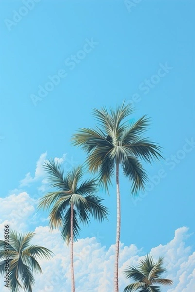Fototapeta Tall palm trees soar into a bright blue sky with fluffy clouds, evoking a tropical paradise vibe. Vacation, holiday background. Empty, copy space for text.