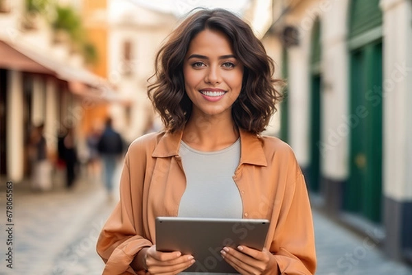 Fototapeta Generative AI illustration of happy woman in working with tablet in hands looking at camera with toothy smile in the middle of the street