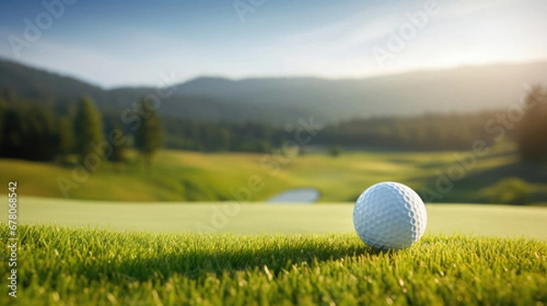 Fototapeta A golf ball on a tee,  set against a backdrop of rolling hills