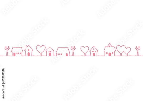 Fototapeta バレンタインをイメージした街並みの線画背景イラスト