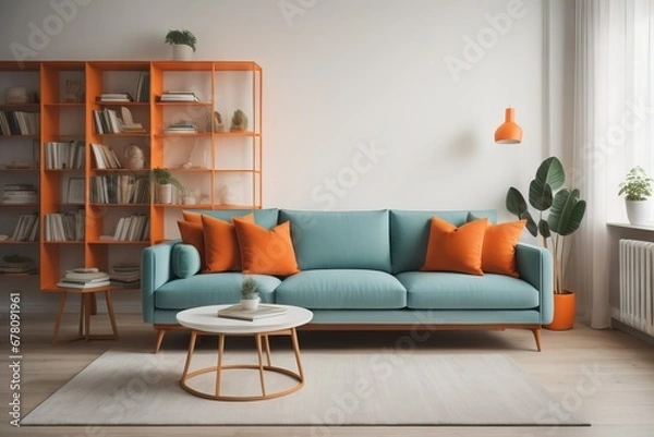 Fototapeta Mint sofa with orange pillows against bookcase. Home library. Scandinavian interior design of modern living room 