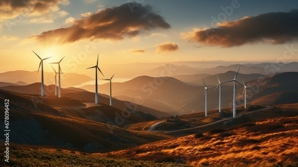Obraz Wind turbines overlooking mountains at sunset