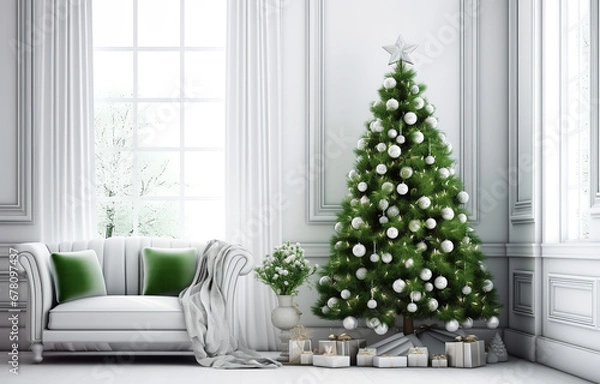Fototapeta Green Christmas tree with decor near white sofa on white modern design room with large window