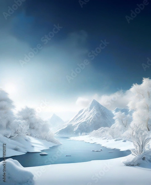 Fototapeta A nature podium landscape(wallpaper) image with a blue sky, a river flowing in the middle, and snow-covered white mountains and trees.