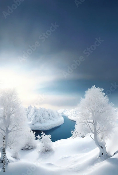 Fototapeta a surreal landscape (wallpaper) with blue skies, flowing rivers, snow-covered white mountains and trees, and seems to be connected to another world.