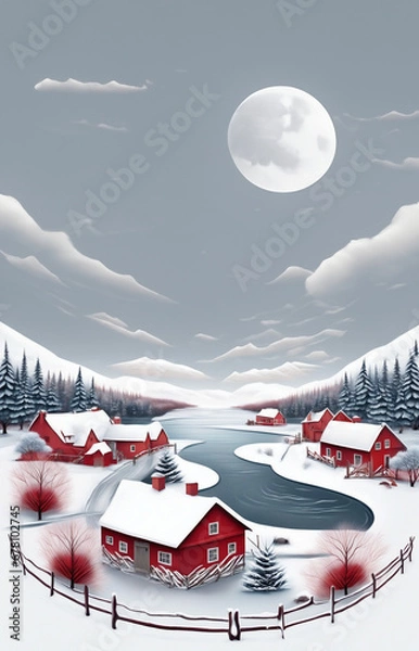 Fototapeta A calm snowy mountain village landscape illust with a gray night sky with moon and clouds, red houses, fences, and river.