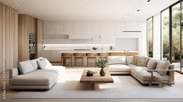 Obraz A modern minimalist home interior design with clean lines, sleek furniture, and neutral color palette, featuring an open-concept living space connected to a spacious kitchen, bathed in natural light 