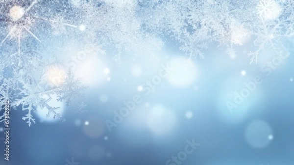 Fototapeta Snowflakes Falling, Bokeh Background, White Snow on Blue Background, Christmas Theme, Christmas Background, Copy Space, Christmas Ornaments