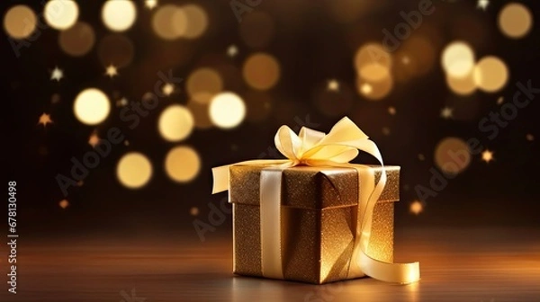 Fototapeta Golden gift box and garland on a blurry bokeh background. Generative AI