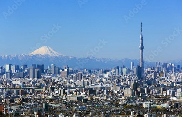 Fototapeta [Tokyo City Landscape] z widokiem na słoneczne błękitne niebo, Mt. Fuji, Tokyo Sky Tree i drapacze Tokyo