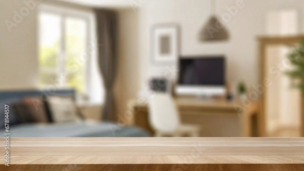 Fototapeta Empty wooden table top on blur teenager's room background, Mockup banner for display of advertise product