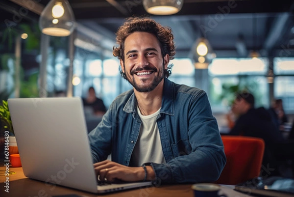 Fototapeta Portrait of attractive smiling man sitting in office and looking at camera..