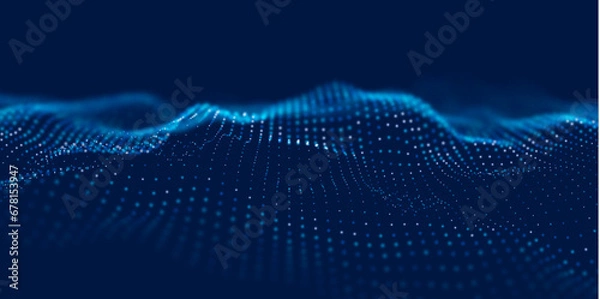 Fototapeta Abstract blue particle background. Flow wave with dot landscape. Digital data structure. Future mesh or sound grid. Pattern point visualization. Technology vector illustration.