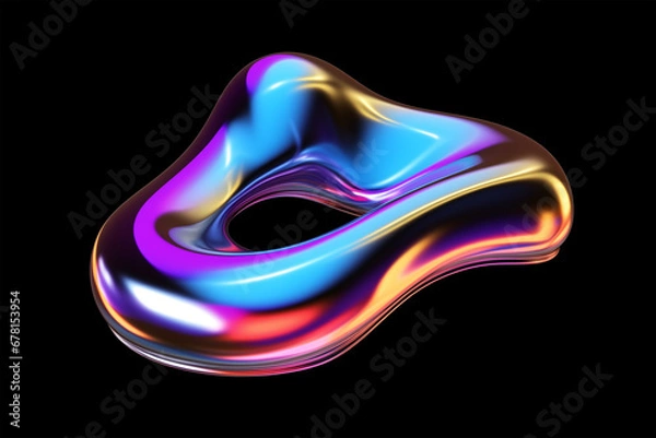 Obraz Bold holographic liquid metal shape isolated. Iridescent wavy melted chrome substance. Ai generated