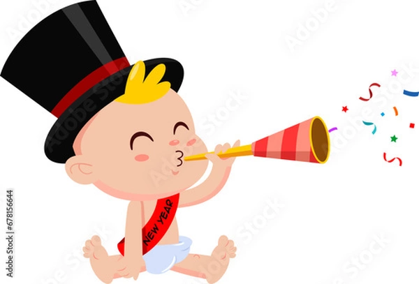 Fototapeta Cute New Year Baby Cartoon Character Blow In Foil Party Horn. Vector Illustration Flat Design Isolated On Transparent Background