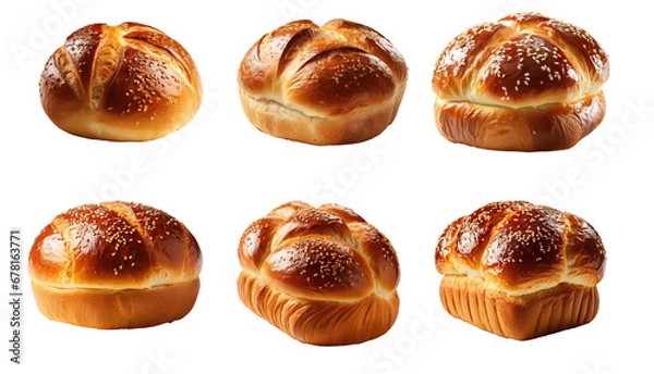 Fototapeta Set of  Sweet Bun Bread Perspective View Isolated on White Background