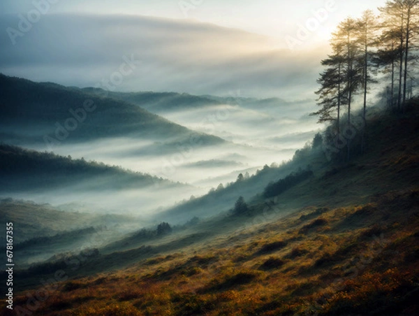 Fototapeta Misty landscape forest in the morning with morning sunlight between the hills mixed with winter nuances