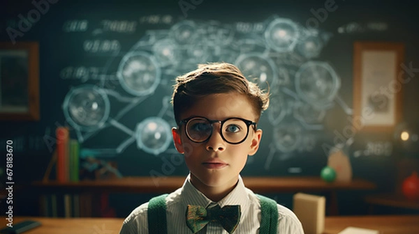 Fototapeta School child in eyeglasses portrait on background of blackboard in classroom, charts on a blackboard. Creative concept of developmental classes, math club, mind training for children. 