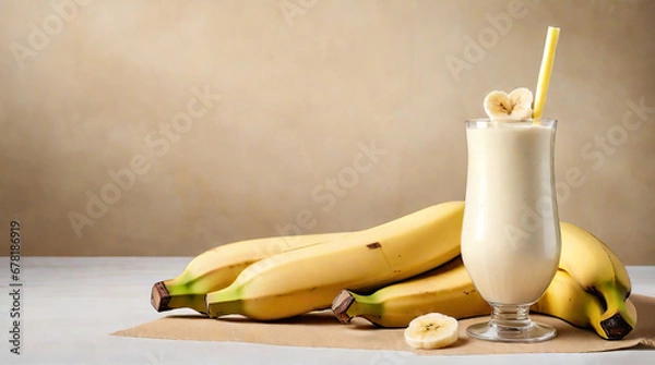 Fototapeta Food Photography Background Featuring a Healthy Banana Smoothie Milkshake in a Glass, Adorned with Fresh Bananas on the Table.