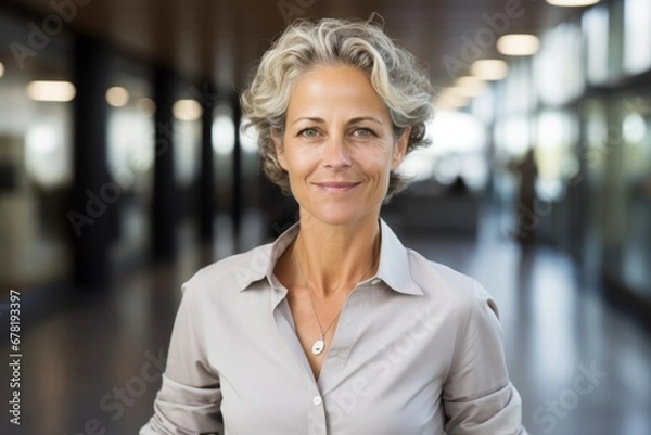 Obraz Portrait of a blissful woman in her 50s wearing a simple cotton shirt against a sophisticated corporate office background. AI Generation