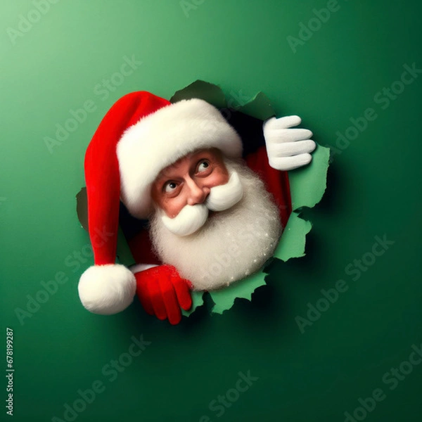 Fototapeta Christmas concept, Santa Claus wearing a red santa hat peeks out of a hole in the green wall. ai generative