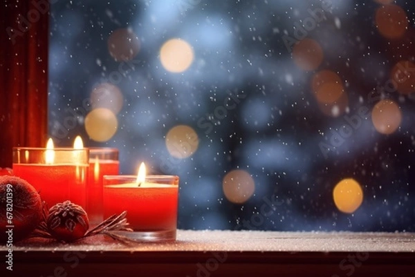 Fototapeta Festive Red Candles Casting a Warm Glow on a Snowy Christmas Eve