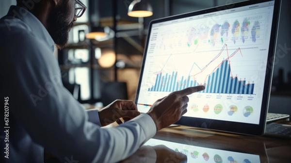 Obraz A marketer holds a pen pointing to a graph optimization analysis tools.Ai Generated