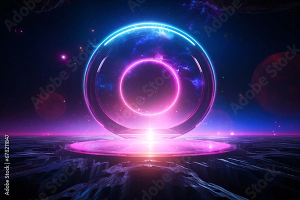 Obraz Abstract Neon Light Circle: Digital Glitch Background