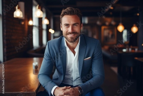 Fototapeta Portrait of a grinning man in his 30s dressed in a stylish blazer against a scandinavian-style interior background. AI Generation