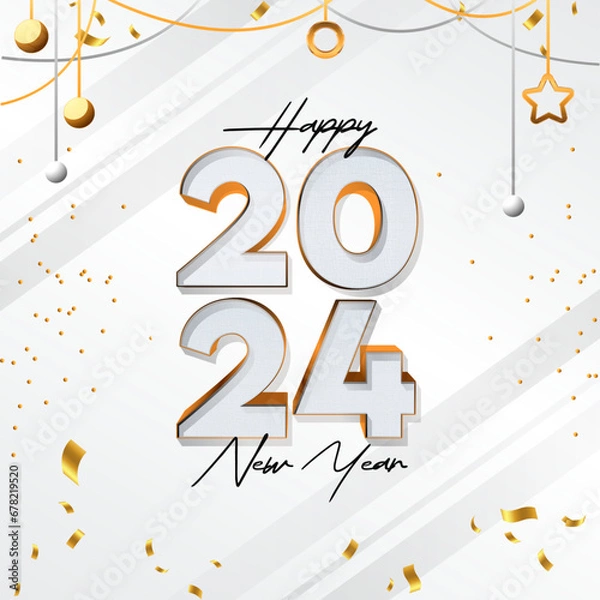 Fototapeta Vector happy new year 2024 white and gold editable 3d text effect social media post template design with golden confetti and baubles decoration on white background