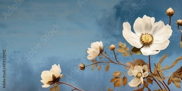 Obraz a blue background featuring a cute flower, in the style of light beige and dark azure