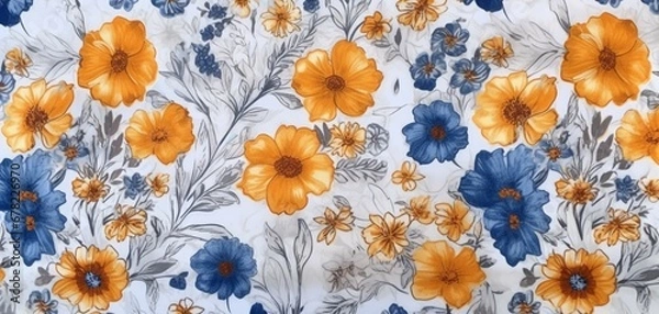 Obraz a blue floral background with flowers on white, in the style of light orange and light gray