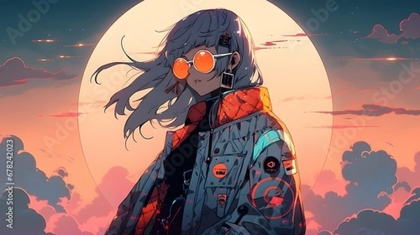 Obraz Synthwave anime manga girl, lofi bacground wallpaper design