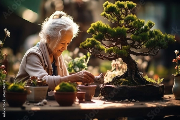 Fototapeta A grandmother and her grandchild gardening together, tending to bonsai trees. Concept of horticulture and family bonding. Generative Ai.
