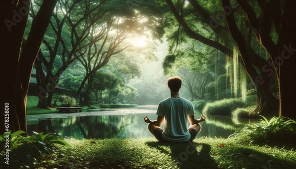 Obraz 森の中でのヨガをする若い男性