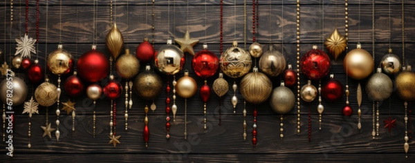 Fototapeta A Collection of Hanging Ornaments on a Rustic Wooden Wall