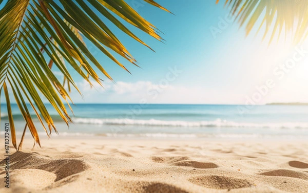 Fototapeta Hermosa imagen de fondo de la playa tropical. Brillante sol de verano sobre el océano. Cielo azul con nubes claras, océano turquesa con olas , palmeras y arena blanca . Armonía de un ambiente limpio