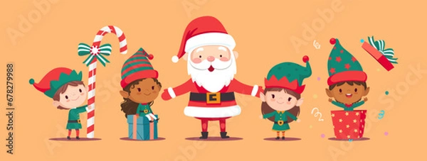 Fototapeta Collection of Christmas elves and Santa Claus isolated. Bundle of little Santa's helpers holding holiday gifts and decorations. Set of adorable cartoon characters. Flat vector illustration.