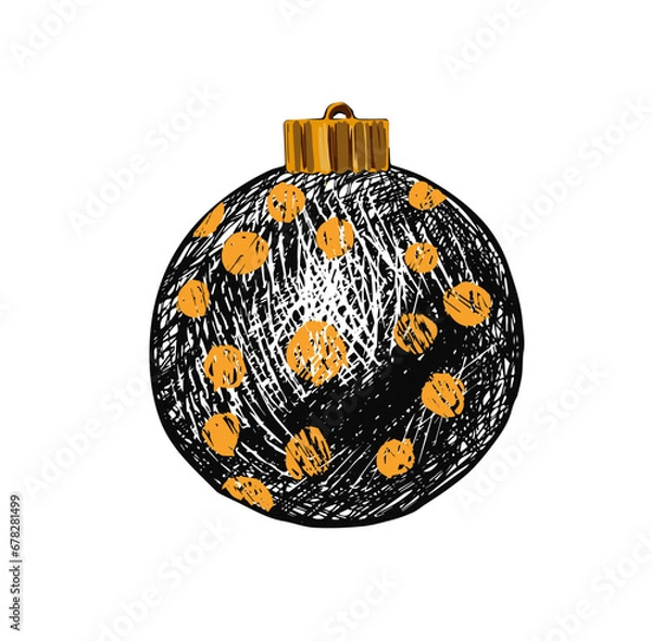 Fototapeta Christmas tree toy, graphic textured ball of black lines with bright yellow spots. Isolated vector object on white background. Design element of  New Year's sale banner, print, postcard,  invitation