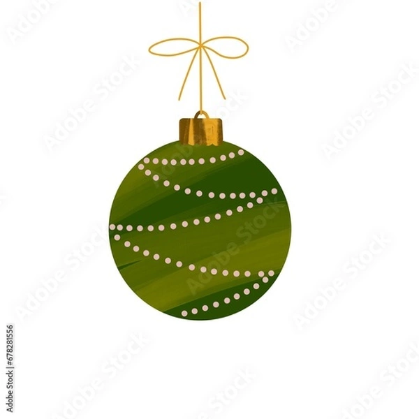 Fototapeta Christmas tree toy, green textured ball with pink dots, hand-drawn. Design element of the New Year's sale banner, print, postcard,  invitation on a white background