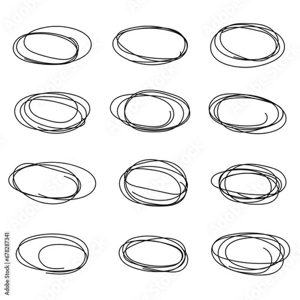 Fototapeta Vector abstract hand drawn pencil set scribble ellipses and ovals on white background. Abstract grunge frames and borders elements. Doodle sketched highlight circles or rings. Pen hand drawing.