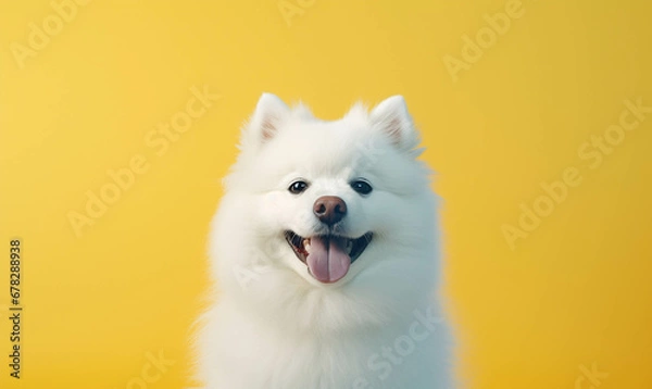 Obraz Closeup portrait of funny, cute, happy white dog, looking at the camera with mouth open isolated on colored background. Copy space.