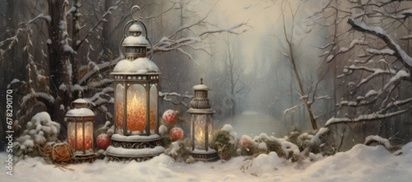 Fototapeta A Serene Winter Wonderland: A Painting of Snowy Scene with Lanterns