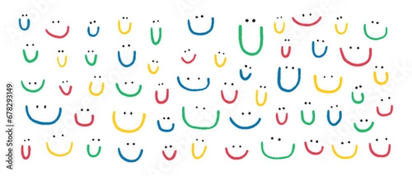 Fototapeta Hand drawn collection of cute smiles. Colored doodle different smiles for card, fabric, wrapping paper, notepad covers, wallpapers isolated on white background.
